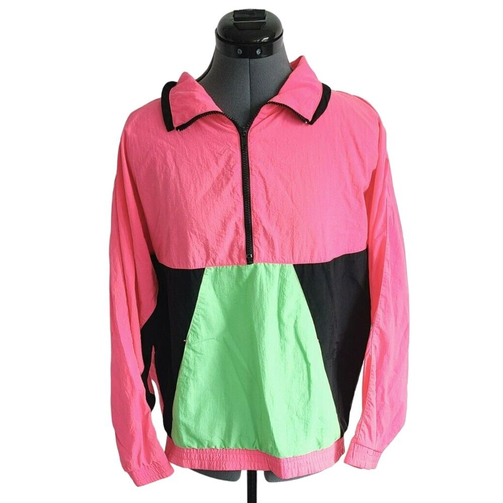 Vintage Shell Shock Neon Pink Green Colorblock Windbreaker Half‎ Zip Jacket S